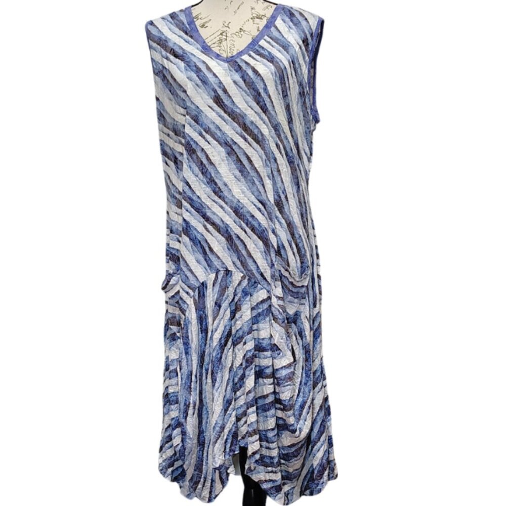 Blue Striped Artsy Coastal Tiered Midi Dress Large - Beach Seaside Nautical